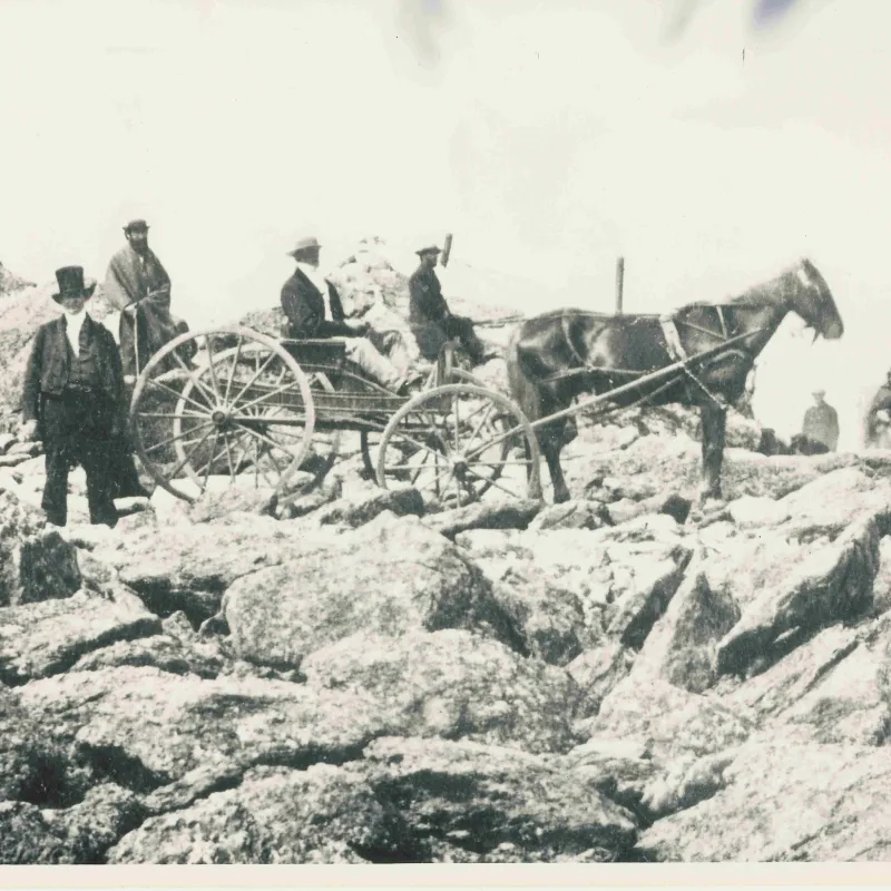 a group of people riding on the back of a horse drawn carriage