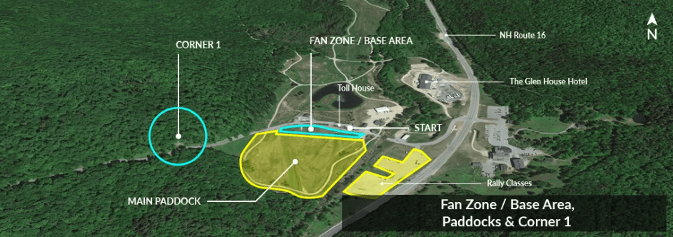 2026_Fan Zone_V1 Aerial map showing fan zone, base area, paddocks, and corner in a forest setting.