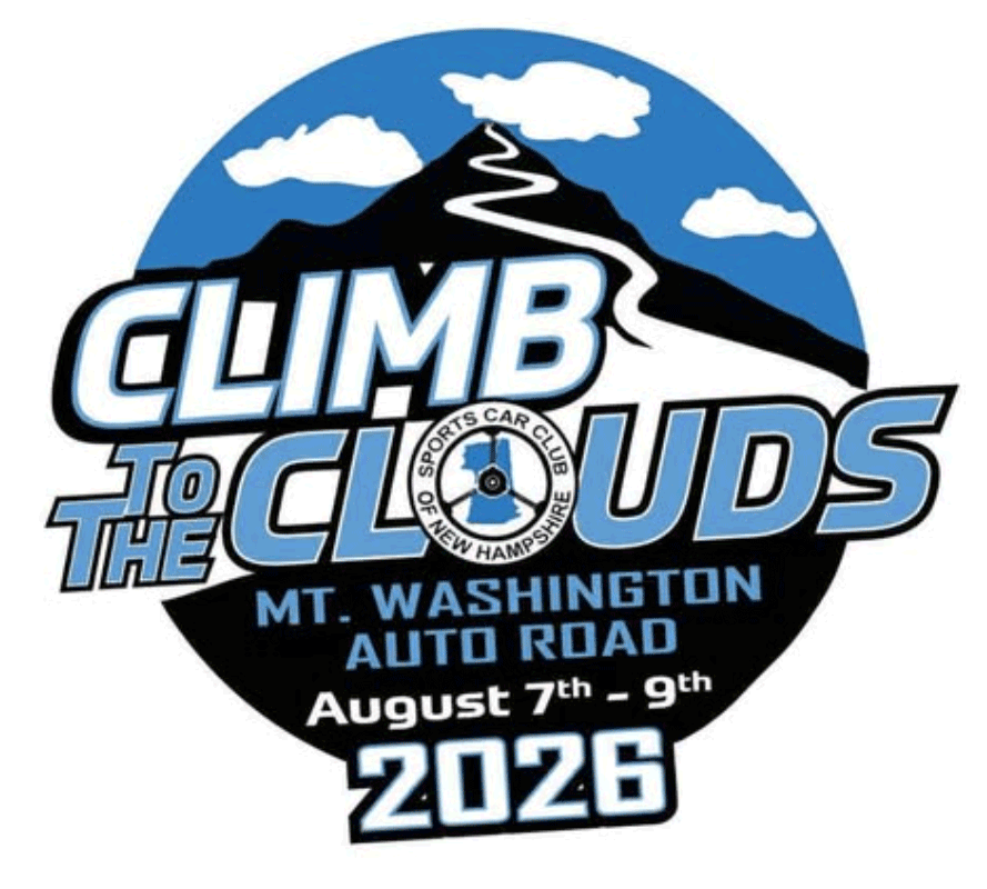 Event logo with mountain, clouds, and text: Climb to the Clouds, Aug 7-9, 2026, Mt. Washington Auto Road.