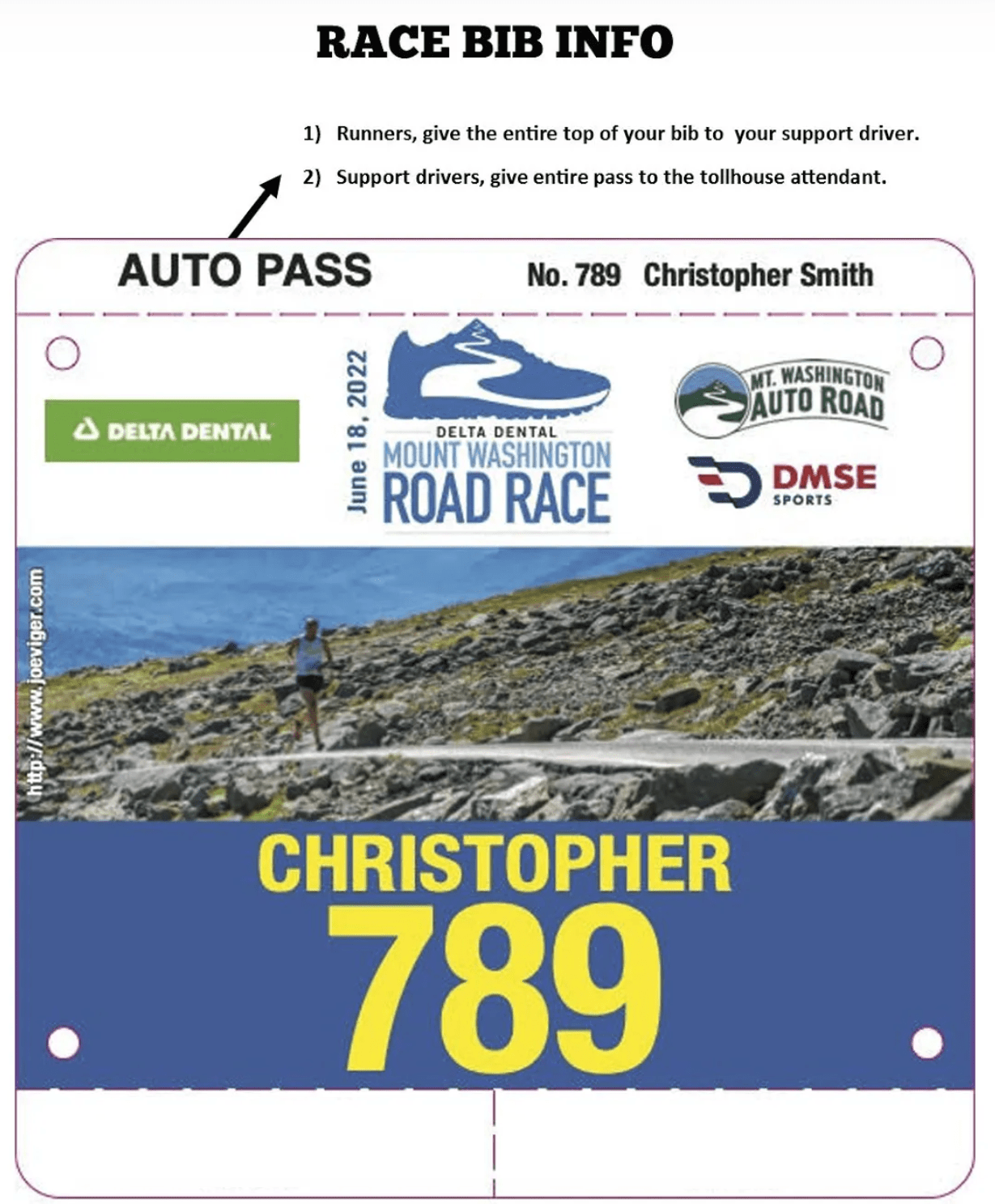 Race bib for Mount Washington Road Race, number 789, with runner on mountain path.