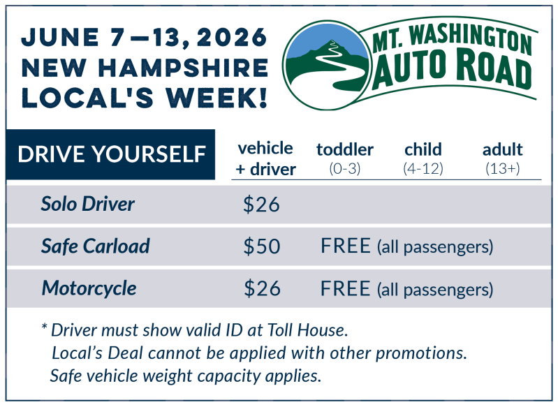 Mt. Washington Auto Road pricing chart for June 7-13, 2026.