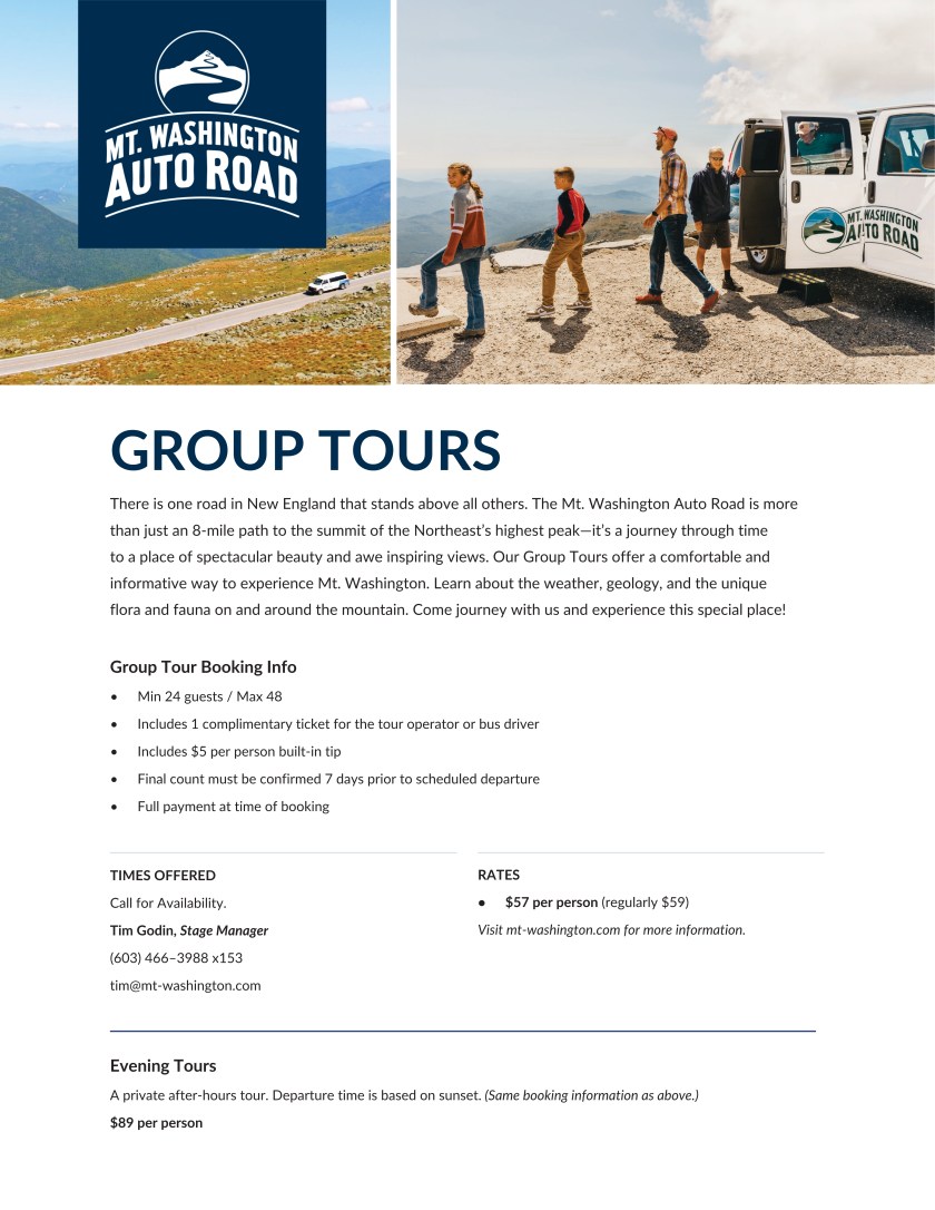 Flyer for Mt. Washington Auto Road group tours with pricing and details, featuring a tour van image.