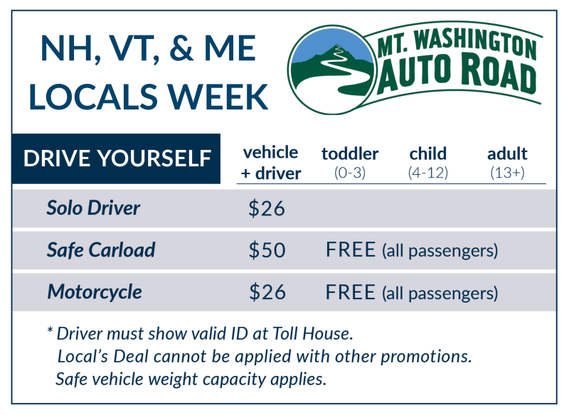 Flyer for NH, VT, & ME Locals Week at Mt. Washington Auto Road with pricing details.