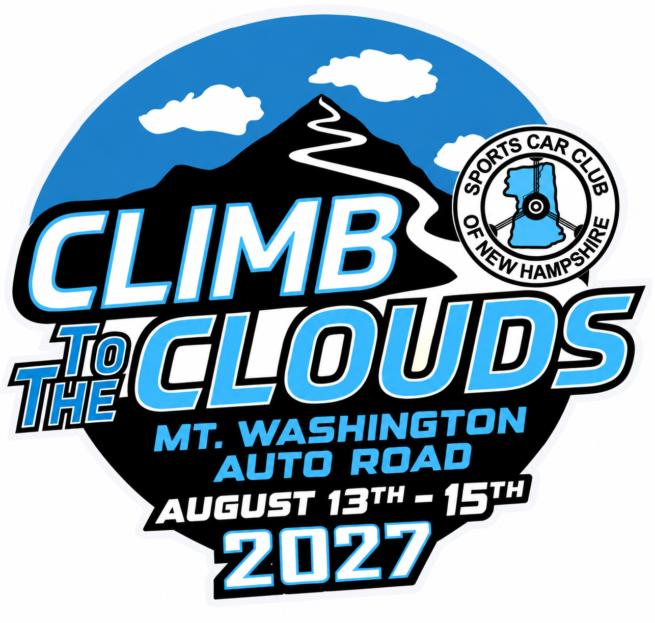 Climb to the Clouds event logo with mountain and dates, August 13-15, 2027.